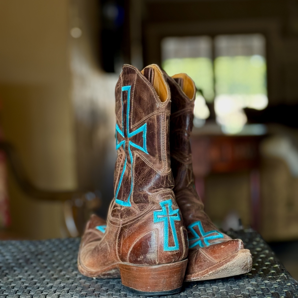 Old Gringo Brown Leather Cowboy Boots with Blue Accents